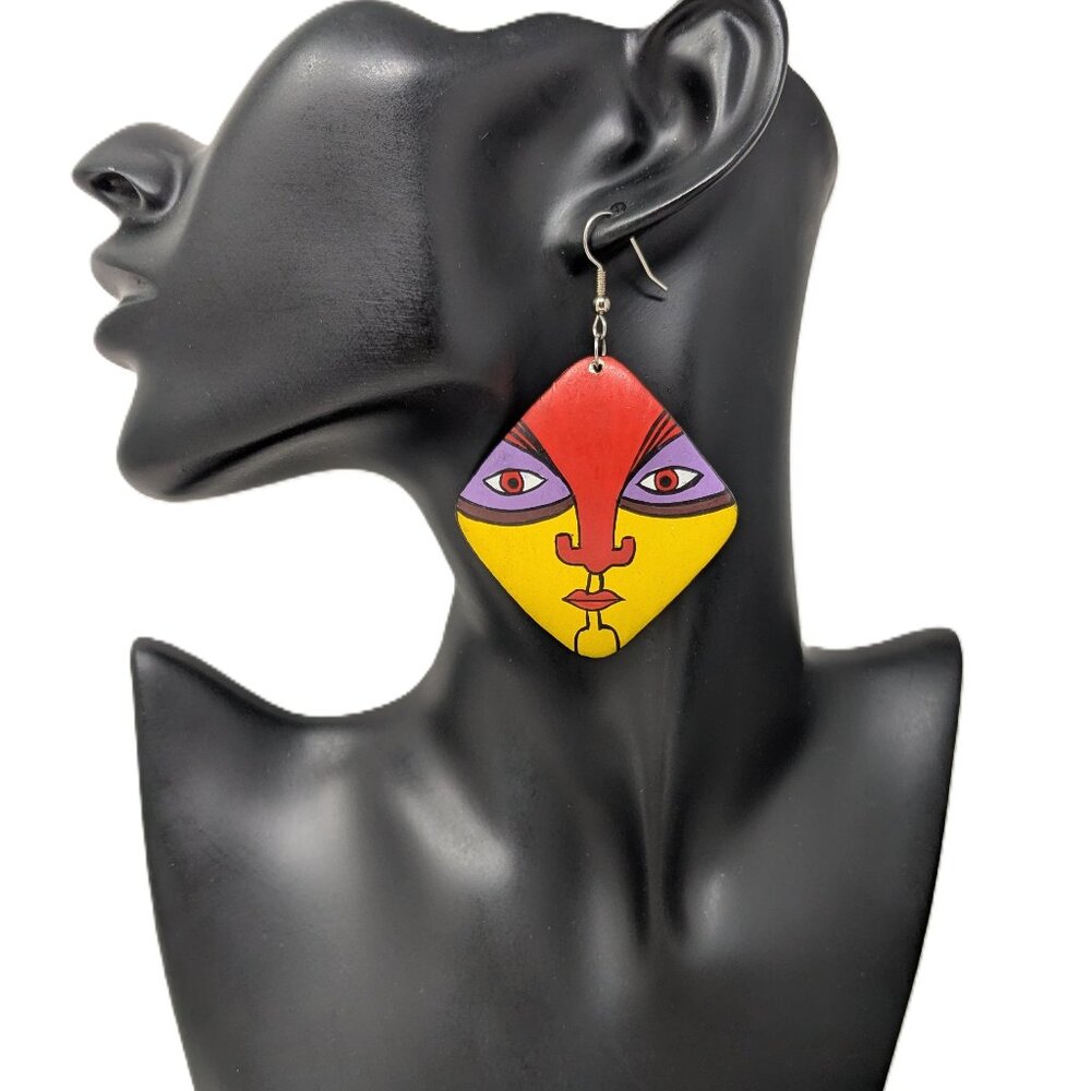 Artisan Painted Wood Dangle Earrings 80s Ethnic Tribal Mask 2" Vintage Festival